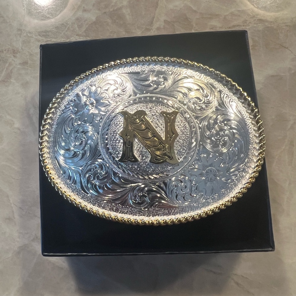 Montana Silversmiths Initial N Silver Engraved Gold Trim Western Belt Buckle